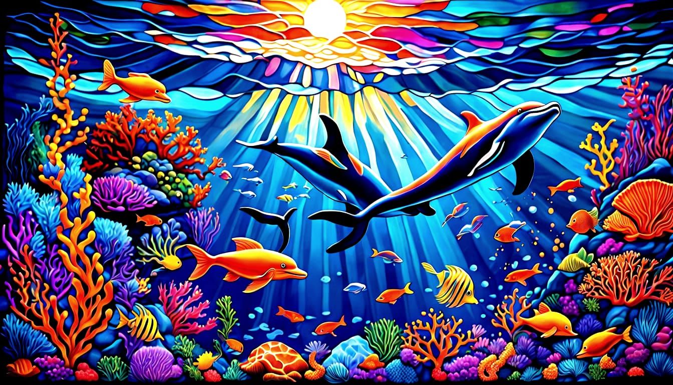 Stunning Bioluminescent Ocean Scene in Vibrant Stained Glass...