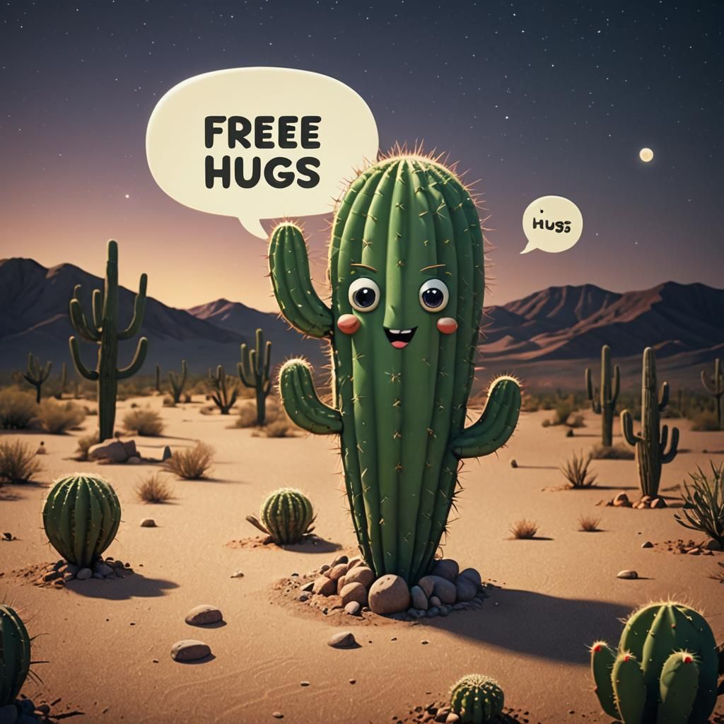 Cartoon Cactus Offers Free Hugs in Desert Night