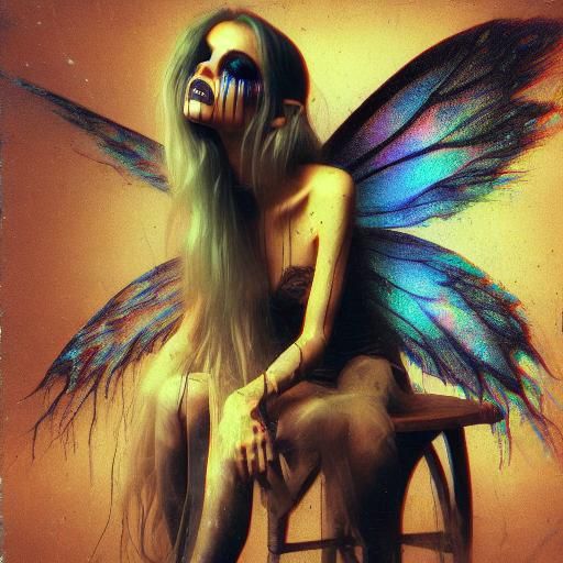 a distorted abstract portrait of an eye fairy with large win...