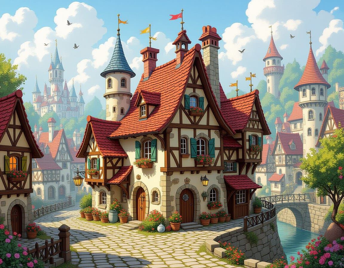 Whimsical Retro Fantasy Village in Storybook Style