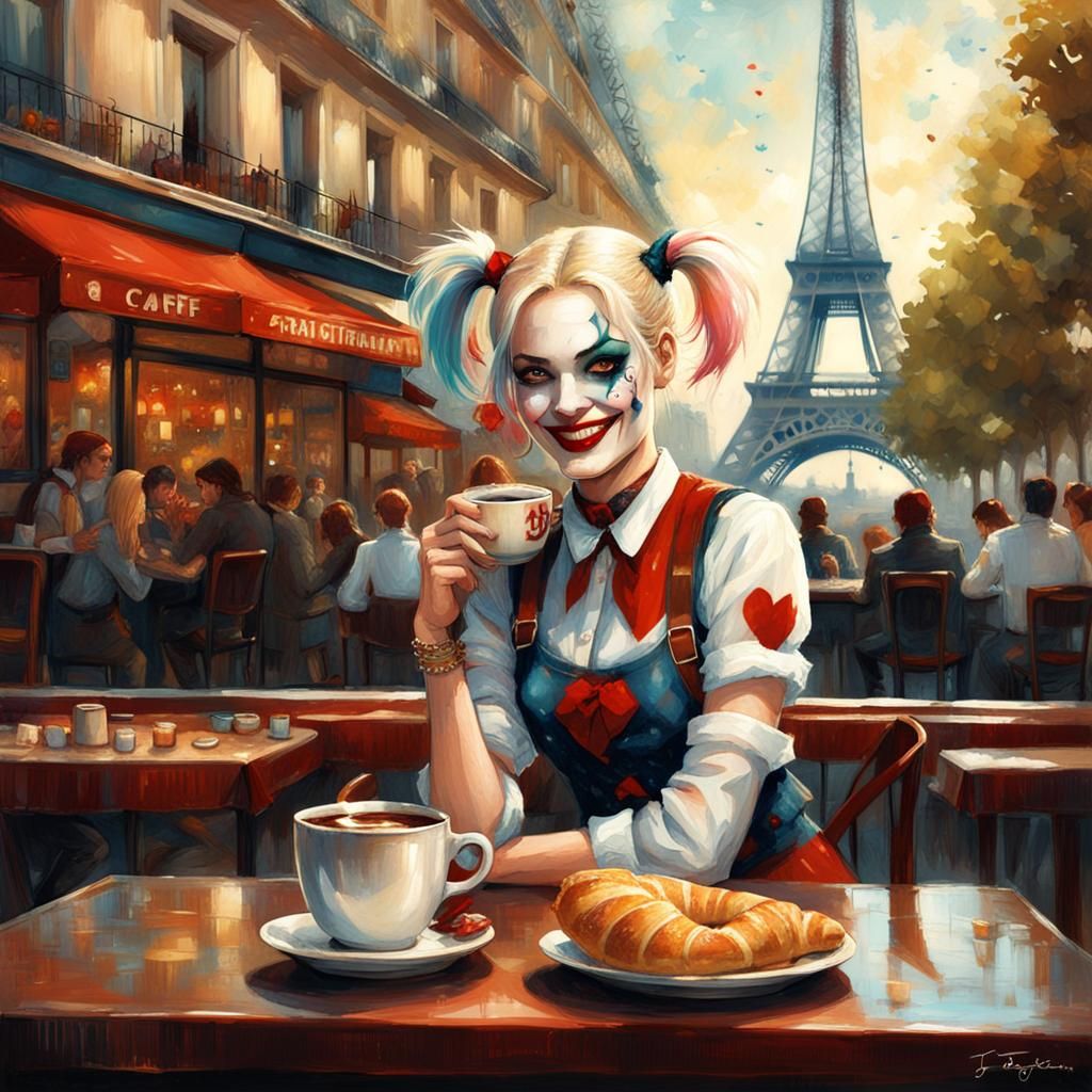 Harley Quinn in Paris Cafe, Digital Pointillism