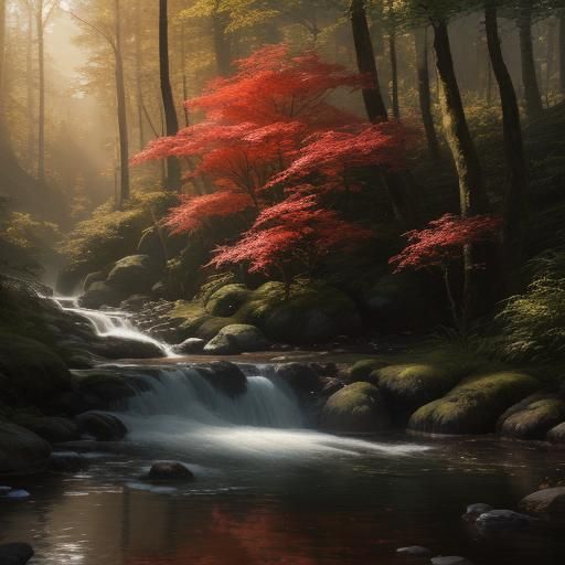 Fluffy Cat by Forest Stream: Vivid Digital Art