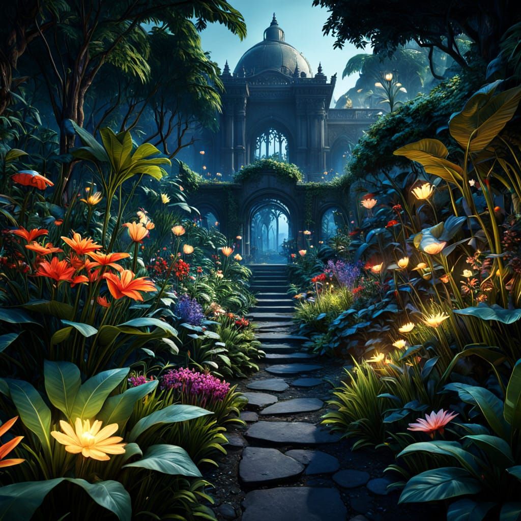 Vibrant Nighttime Botanical Wonderland in Hyperdetailed Styl...