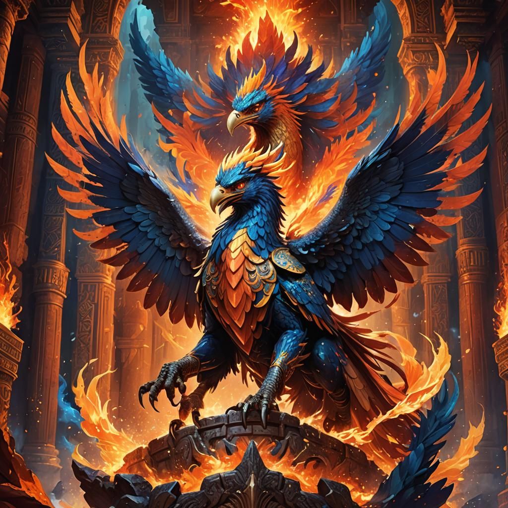 King Rides Fiery Phoenix in Ancient Temple