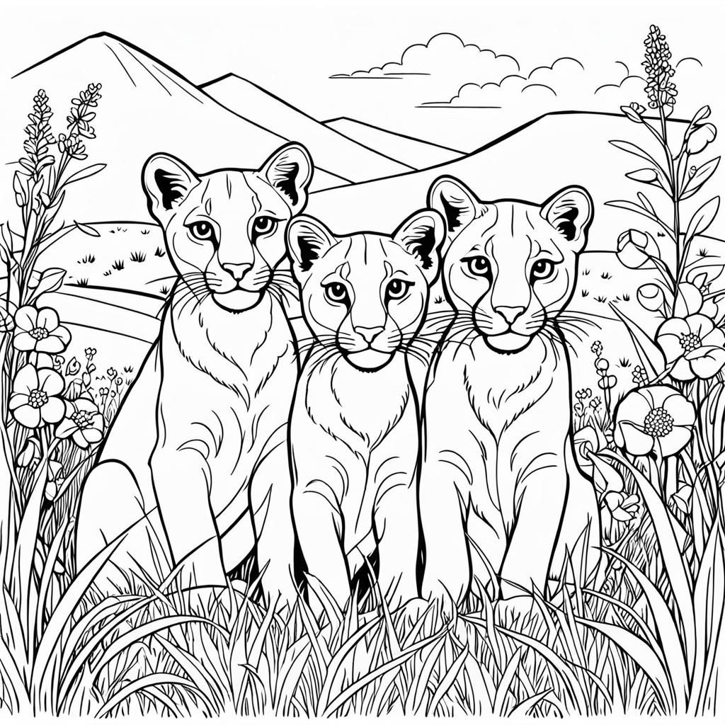 Playful Puma Cubs Cartoon Line Art