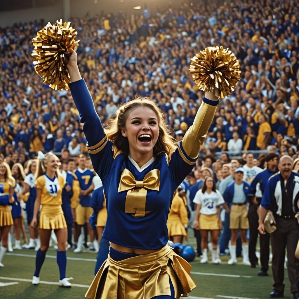 High School Cheerleader Cheers in Cinematic Film Still