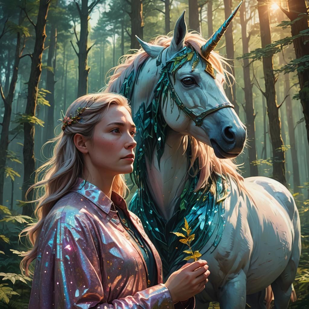 Unicorn and Lady in Lush Forest: Digital Art