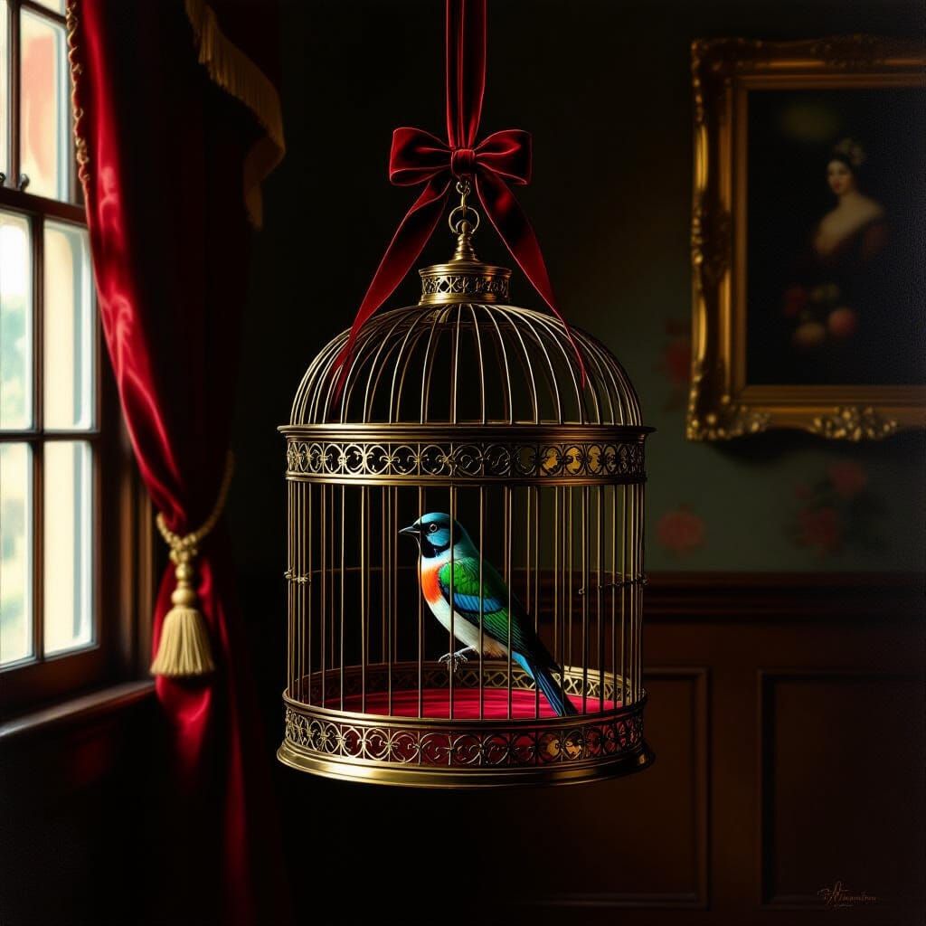 Antique Brass Birdcage in Victorian Parlor