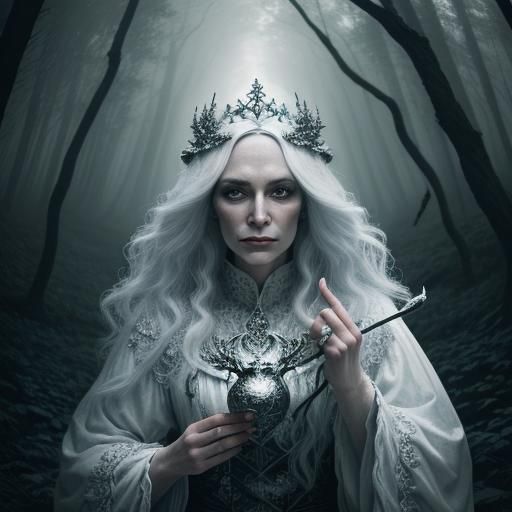 Hyperrealistic White Witch in Autumn Forest