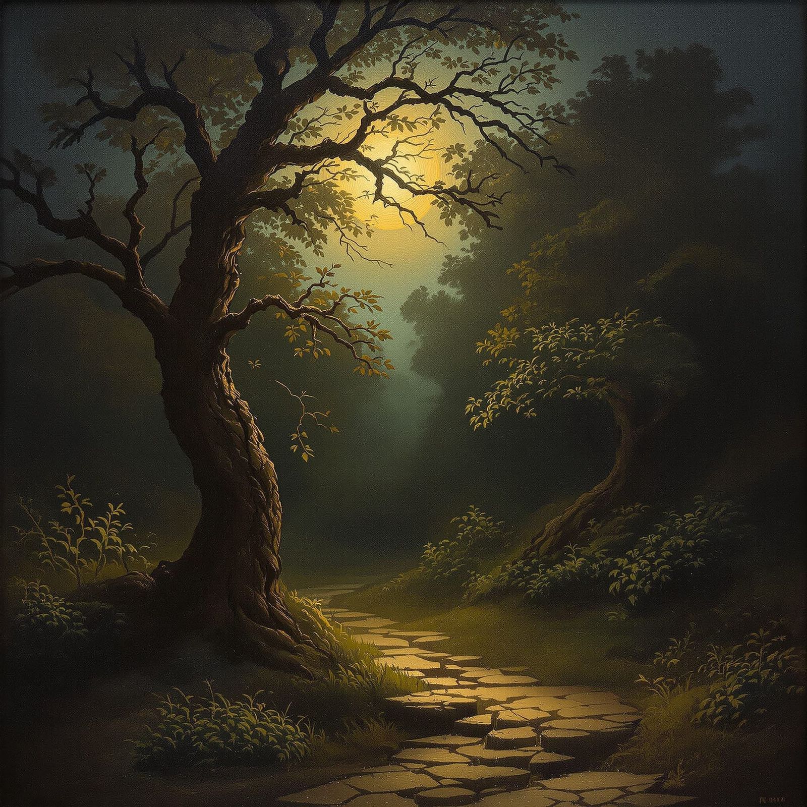 Romantic Moonlight Walk in Arboreal Halls