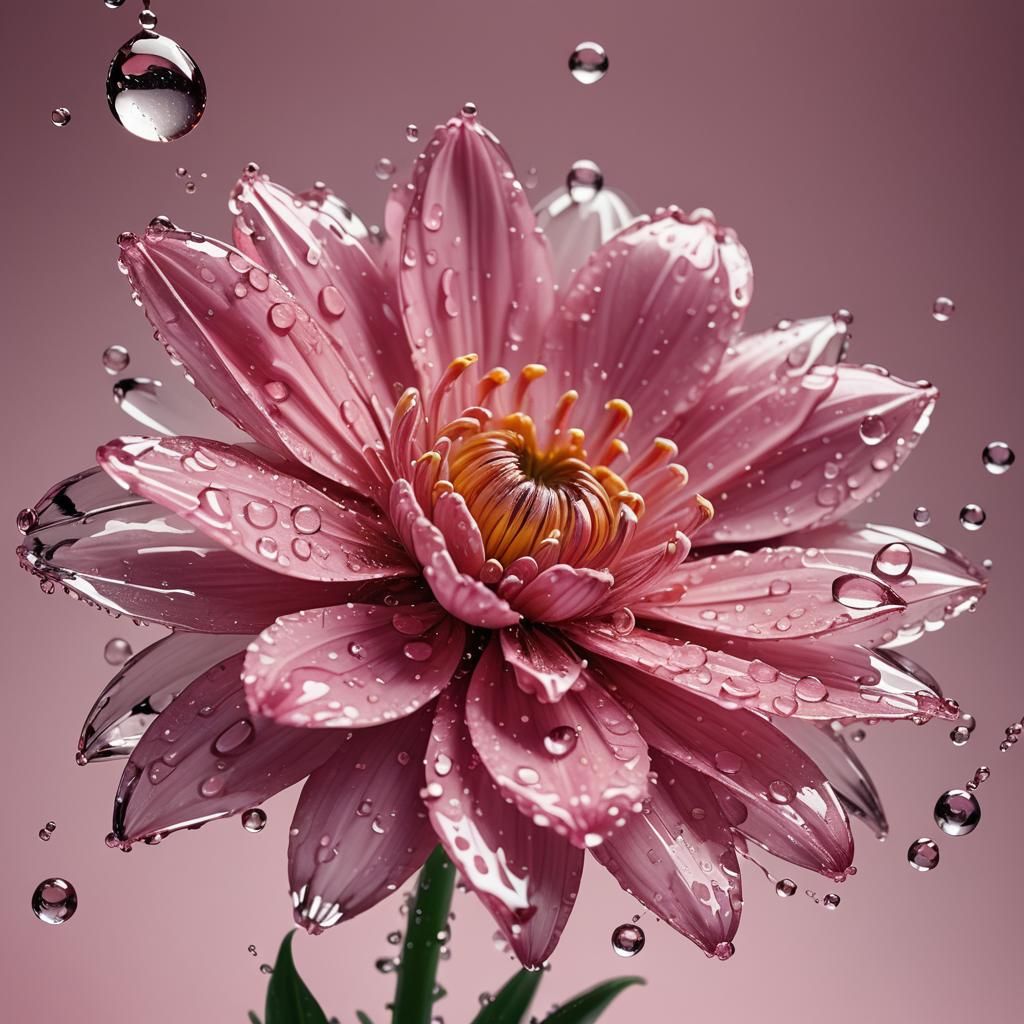 Hyperrealistic Pink Glass Flower with Water Droplets