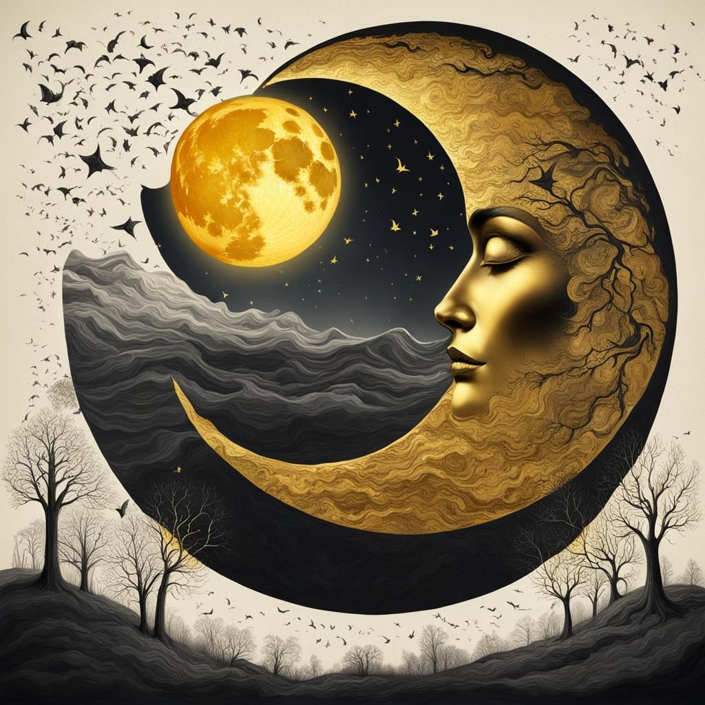 Surreal Celestial Kiss: Dark Moon and Golden Sun