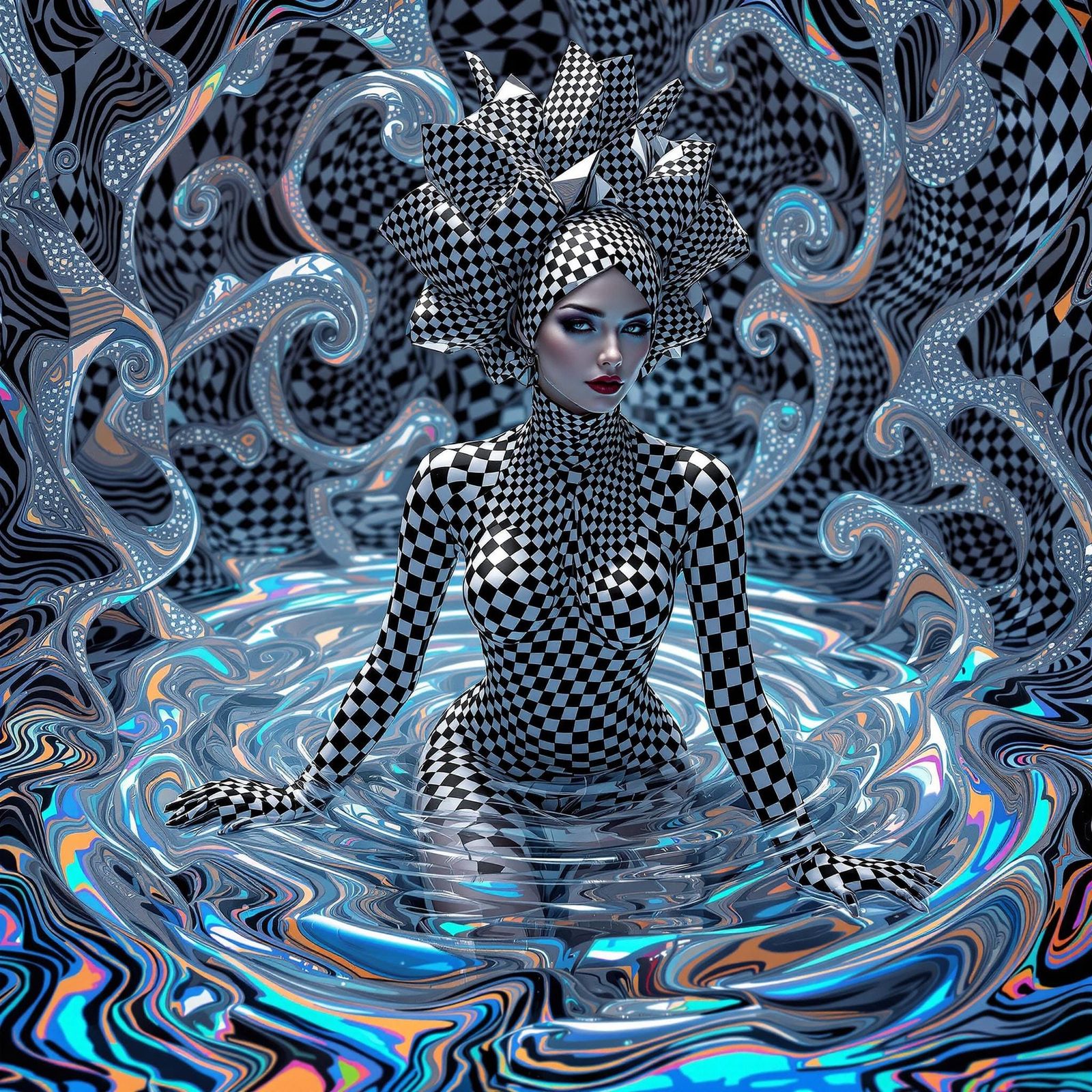 Woman Emerges from Shimmering, Iridescent Liquid in Intricat...