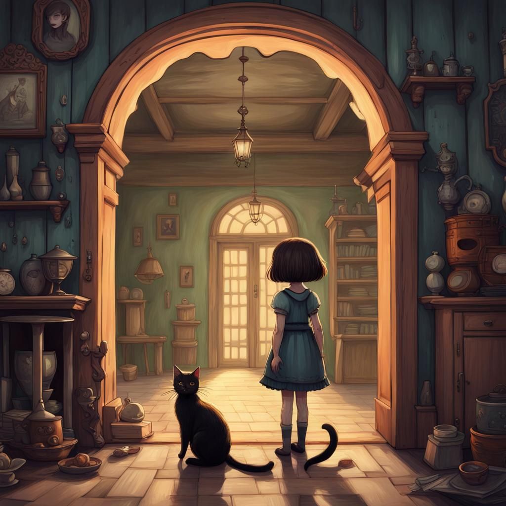 Fantasy Asylum: Girl with Cat Gouache Painting