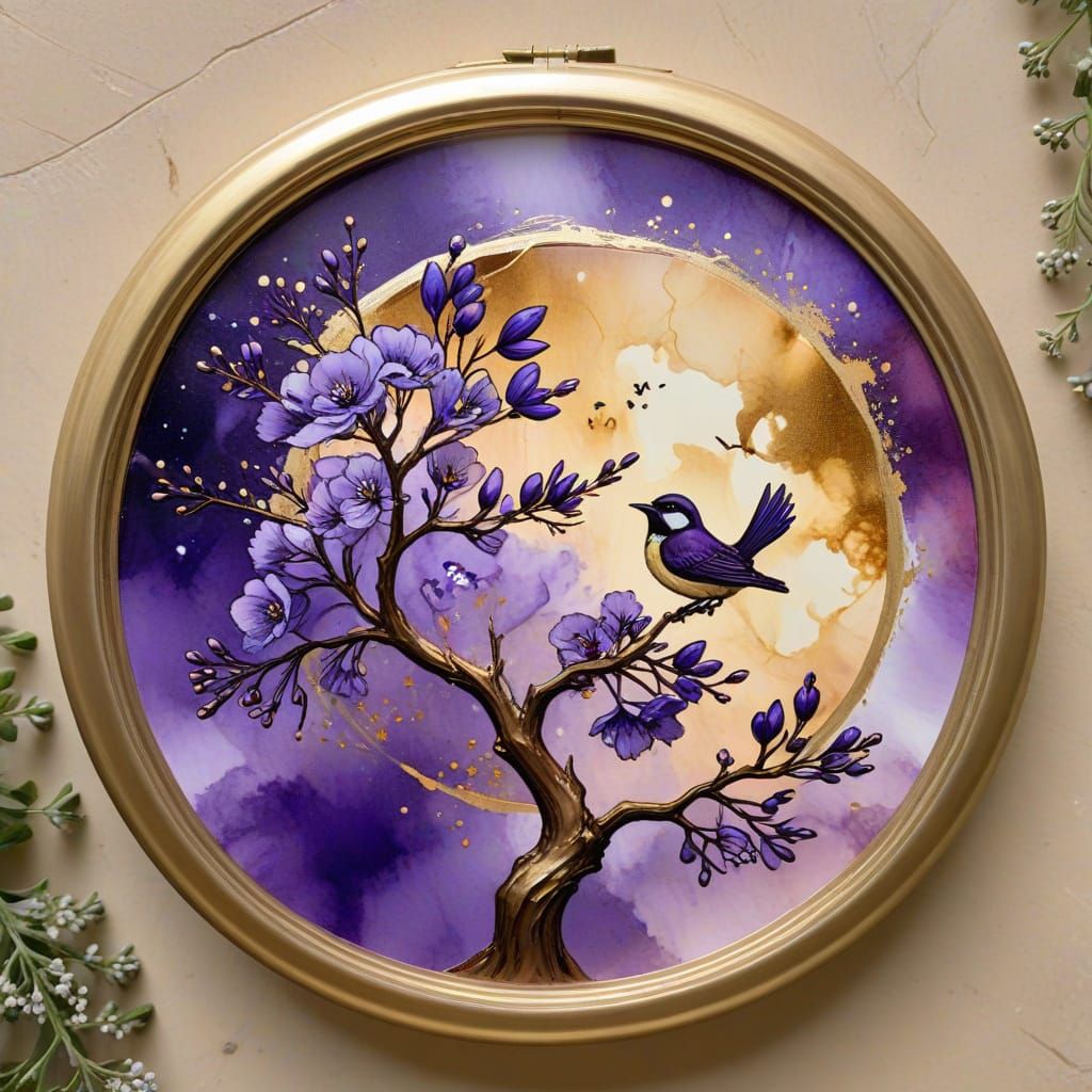 Amber Ink Circular Design with Bird and Flowers