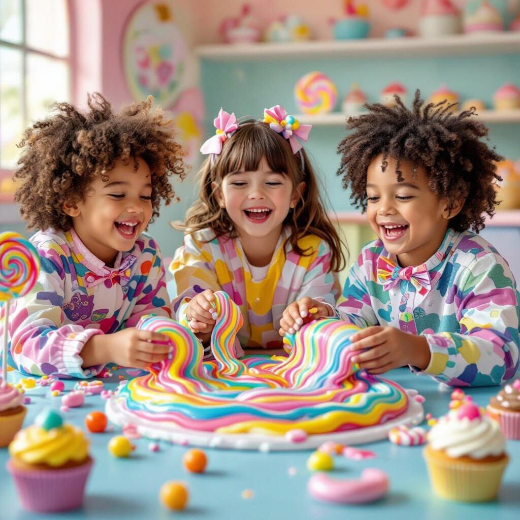 Children Play with Candy Slime in Whimsical Style
