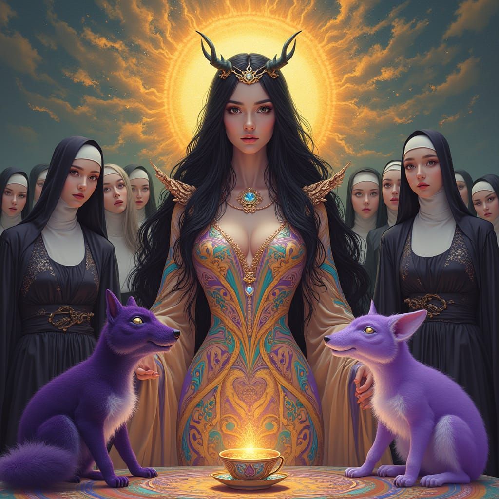 Divine Goddess with Purple Fox Pet in Ethereal Glow
