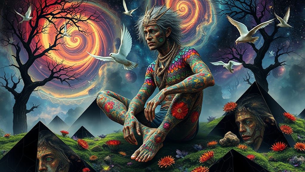 Mystical Prince Resting on Pyramids in Bio-Art Collage