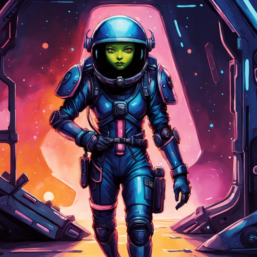 Kawaii Chibi Alien Warrior in Vibrant Space Suit