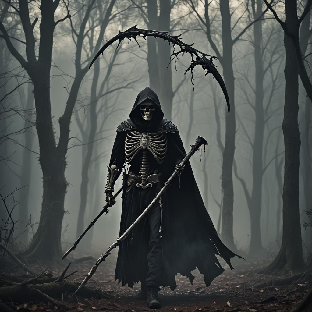 Gothic Grim Reaper Walks Dark Forest at Night
