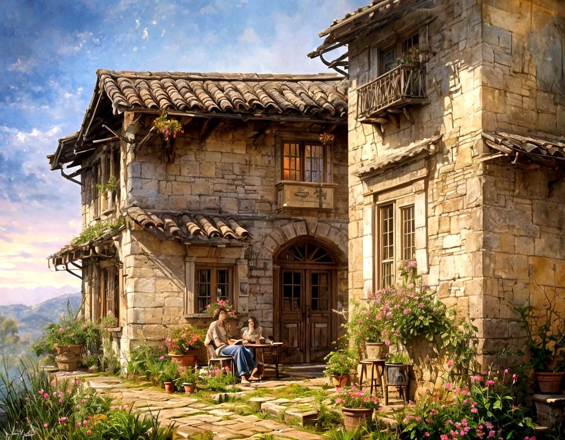 Rustic Fairytale Scene with Steaming Coffee and Sunset