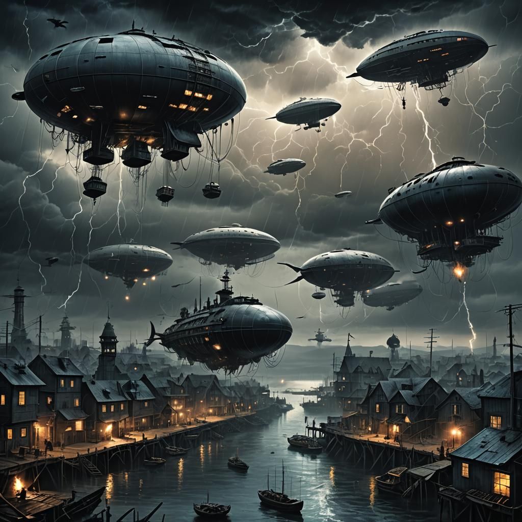 Ominous Dark Fantasy Airships Over Coastal Town
