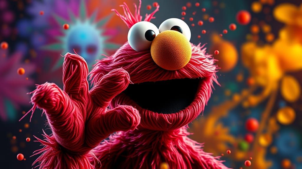 Elmo from Sesame Street Holds Eight in Hyperrealistic Splash...