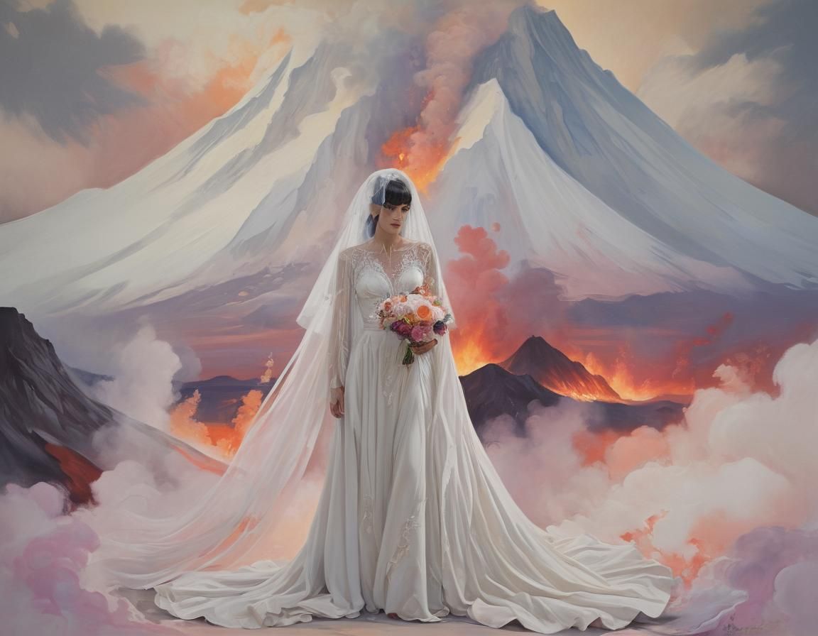 Surreal Bride Stands Before Erupting Volcano in Vibrant Pain...