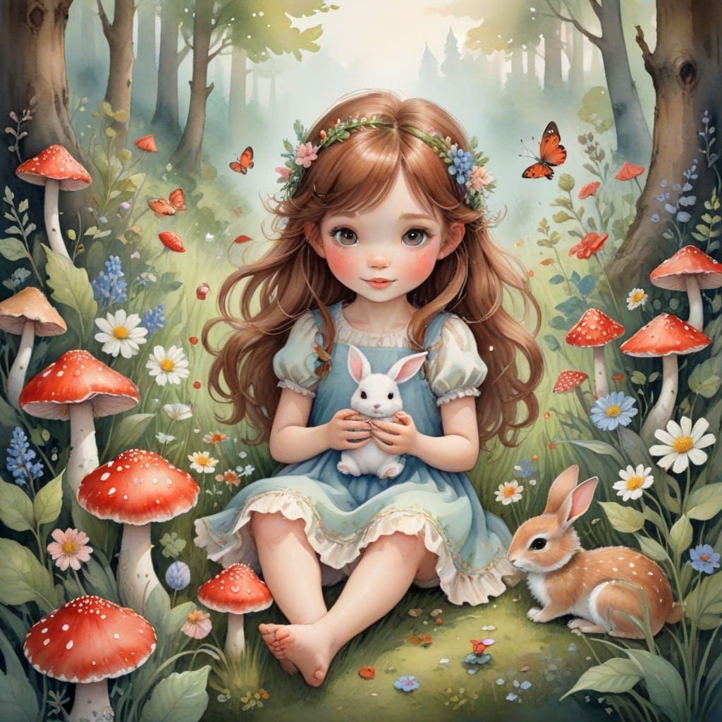 Fairy Cuddling Bunny in Magical Forest Watercolor