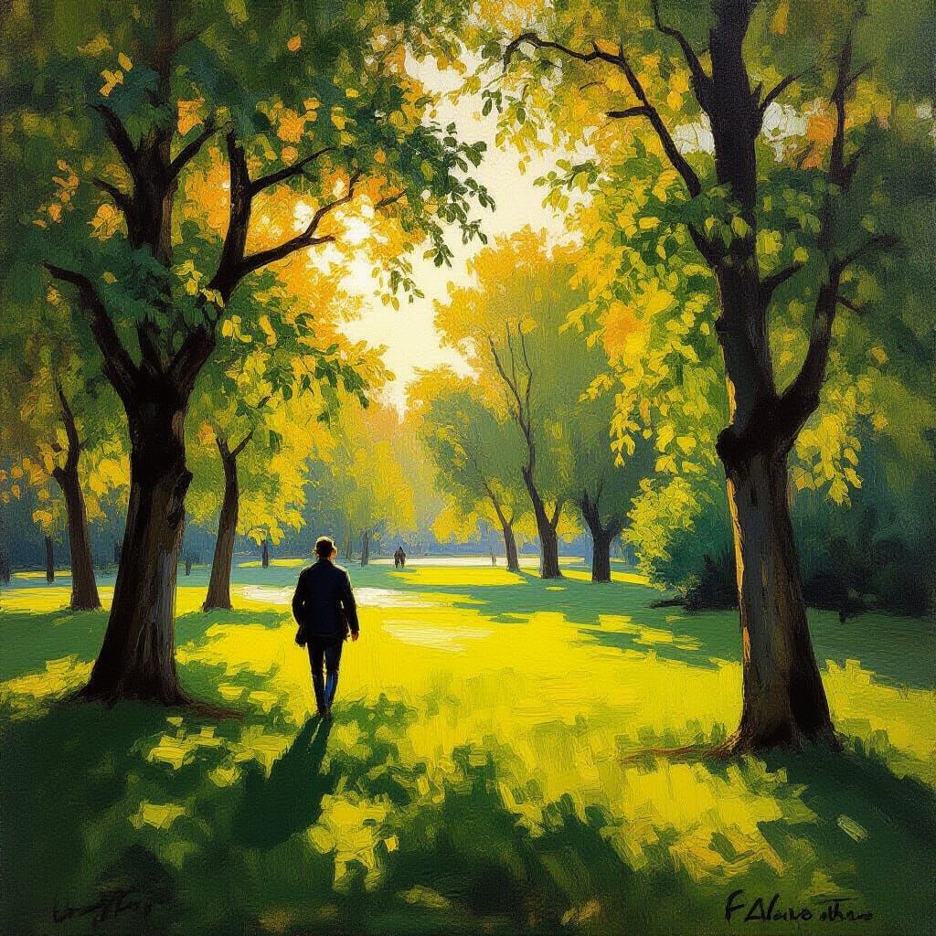 Golden Hour Park Scene in Impressionist Oil Style