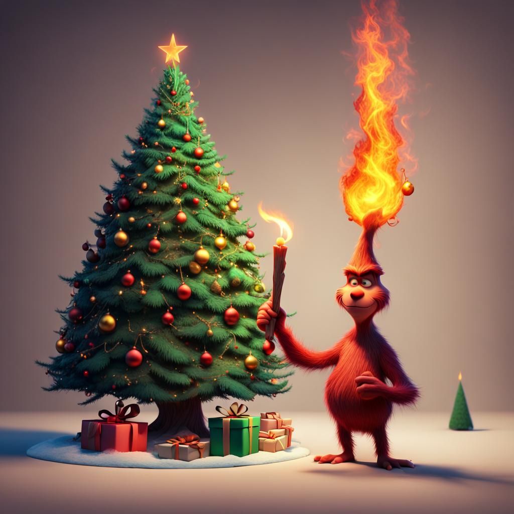 burning christmas tree near the Grinch holding a large lit m...
