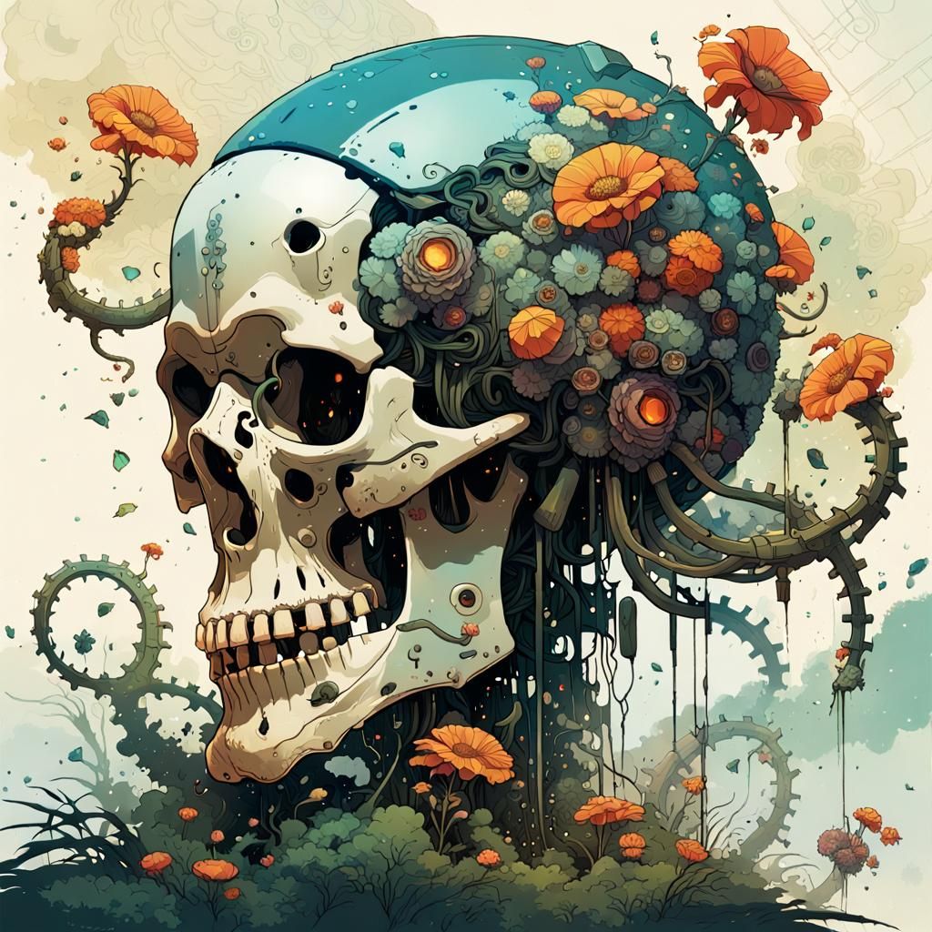 Art Nouveau Robot Skull with Tentacles and Flowers