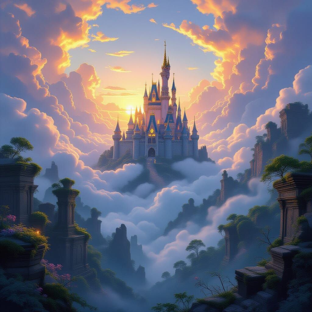 Floating Castle and Enchanted Forest in Golden Hour Light