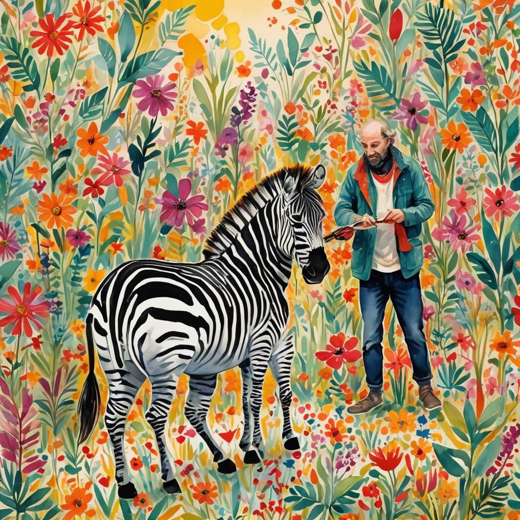 Artist Painting Stripes on Zebra in Watercolor Style