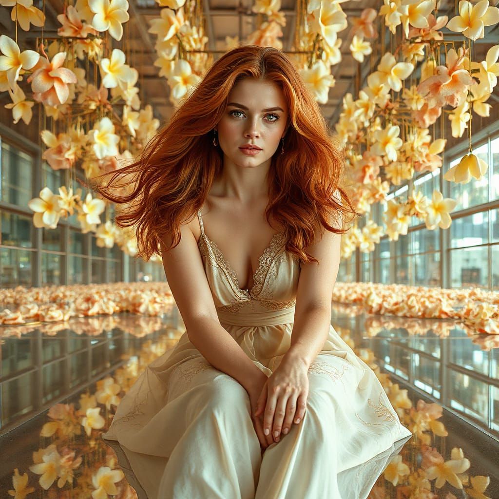 Ethereal Redhead Surrounded by Frangipani Flowers as Fine Ar...