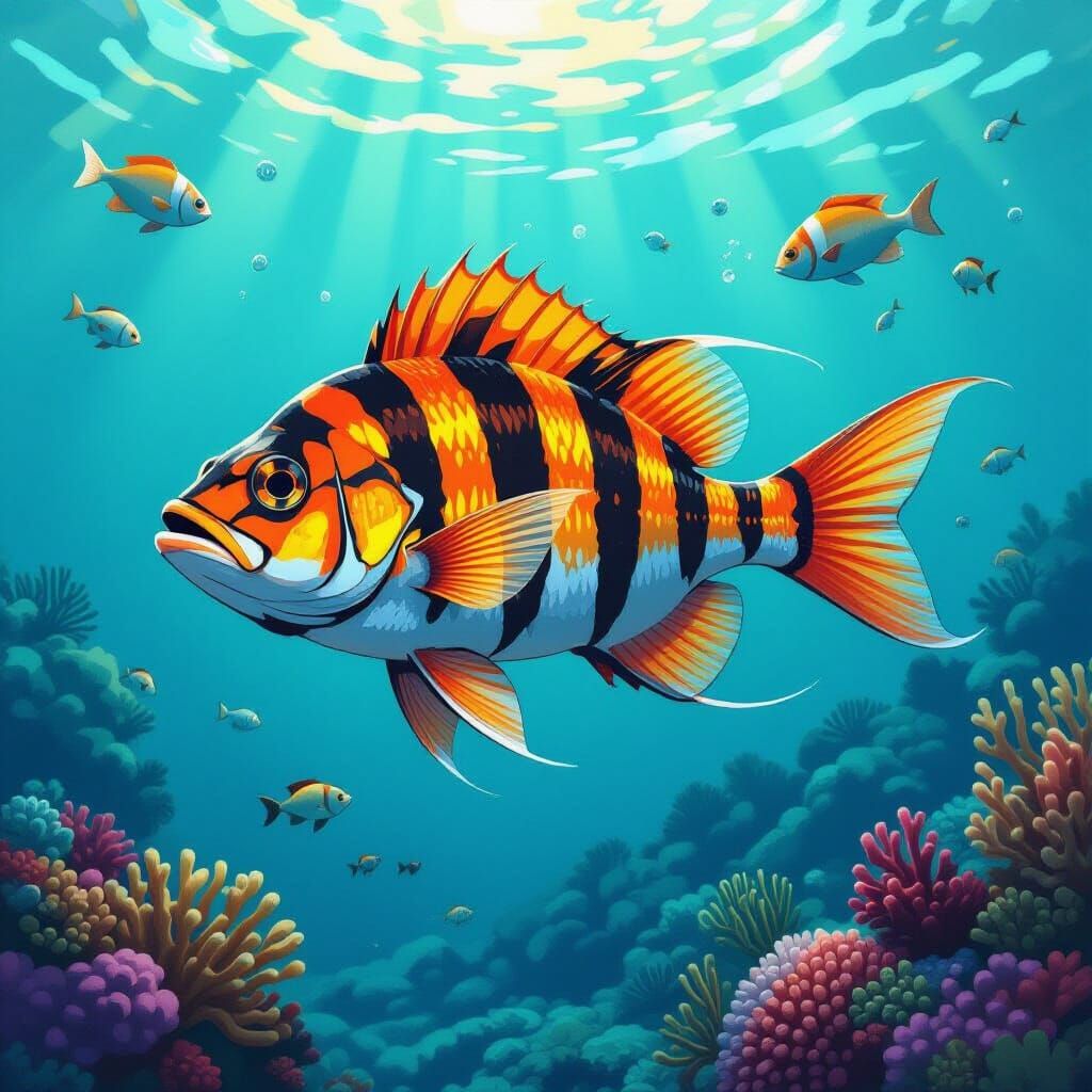 Vibrant Tiger-Fish Hybrid in Coral Reef