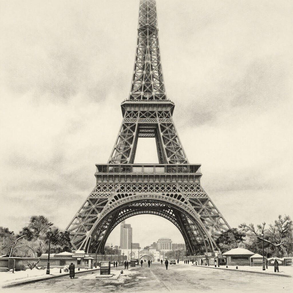Eiffel Tower in Winter: Charcoal Drawing