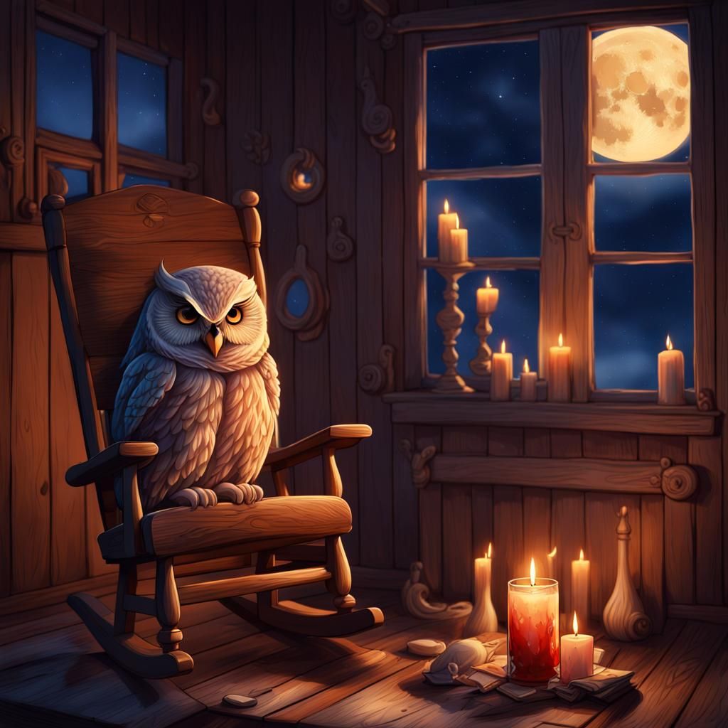 Lonely Owl in Nightcap by Fireplace: Hyperrealistic Cartoon