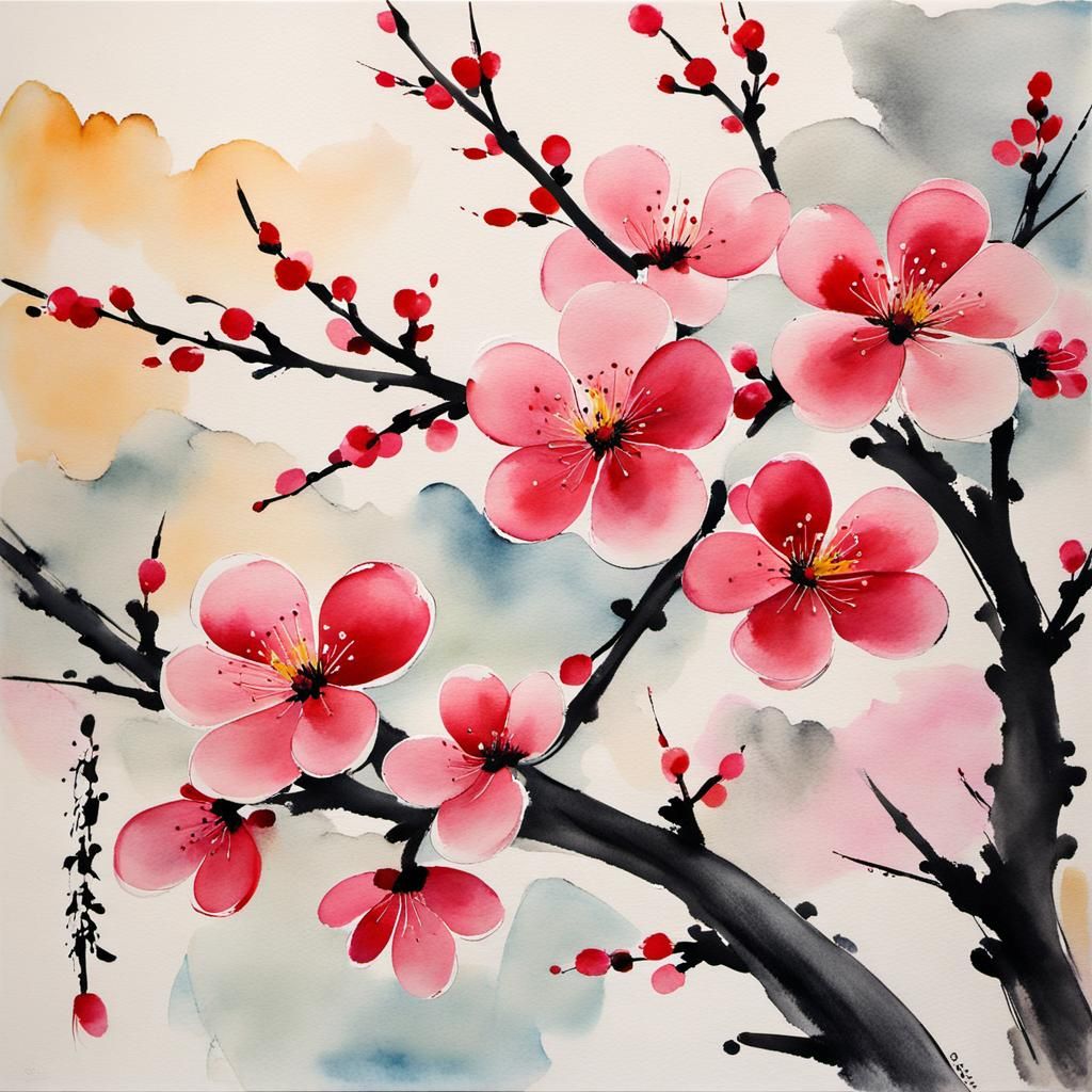 Plum Blossoms in Chinese Watercolor Painting