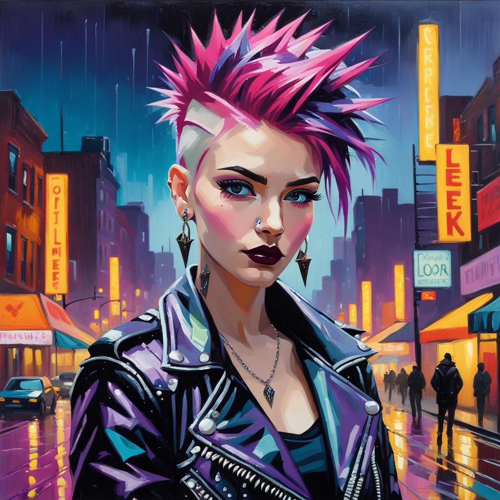 Punk Woman Portrait in Expressionist Gouache Style