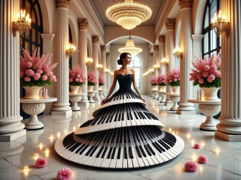 Elegant Woman in Piano Dress in Marble Hall