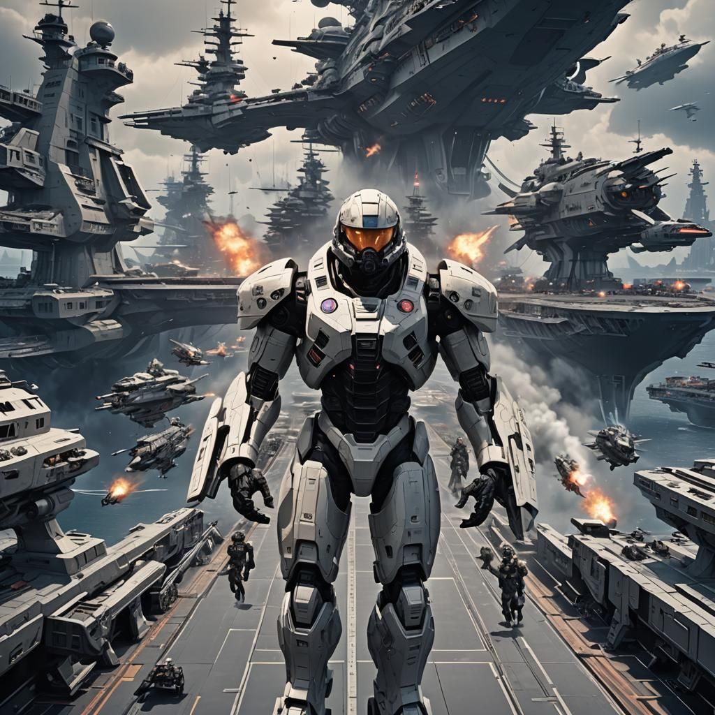 Futuristic Battleship Scene with Humans and Aliens