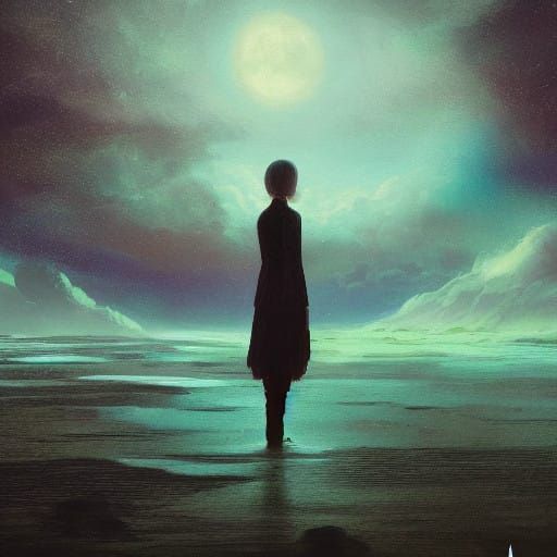 Serene Woman on Glowing Green Shoreline