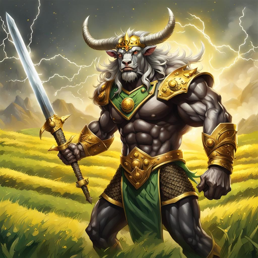 Minotaur King with Electric Sparks in Green Field