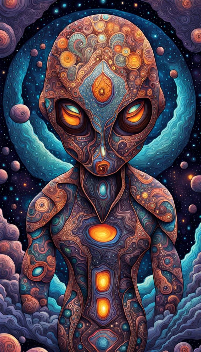 Alien Vorticism Stele Merging With Geometric Patterns