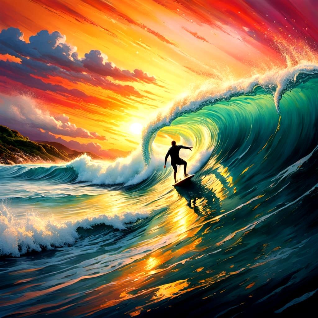 Lone Surfer on a Sunset Wave