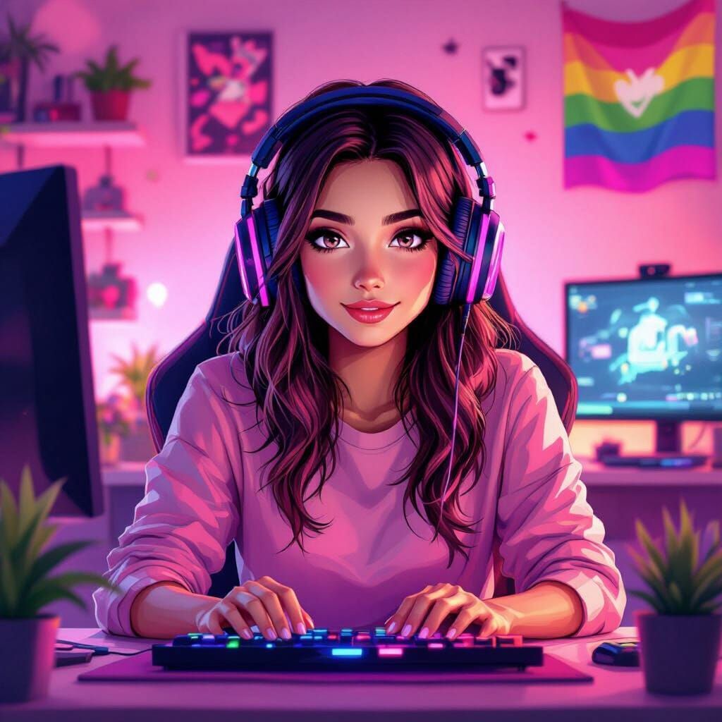 Gamer Girl in Vibrant Pink Room with Pride Decor