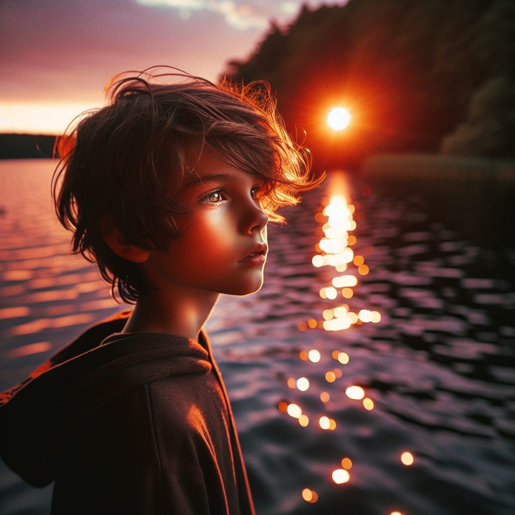 Boy Gazing at Sunset Lake in Cinematic Style