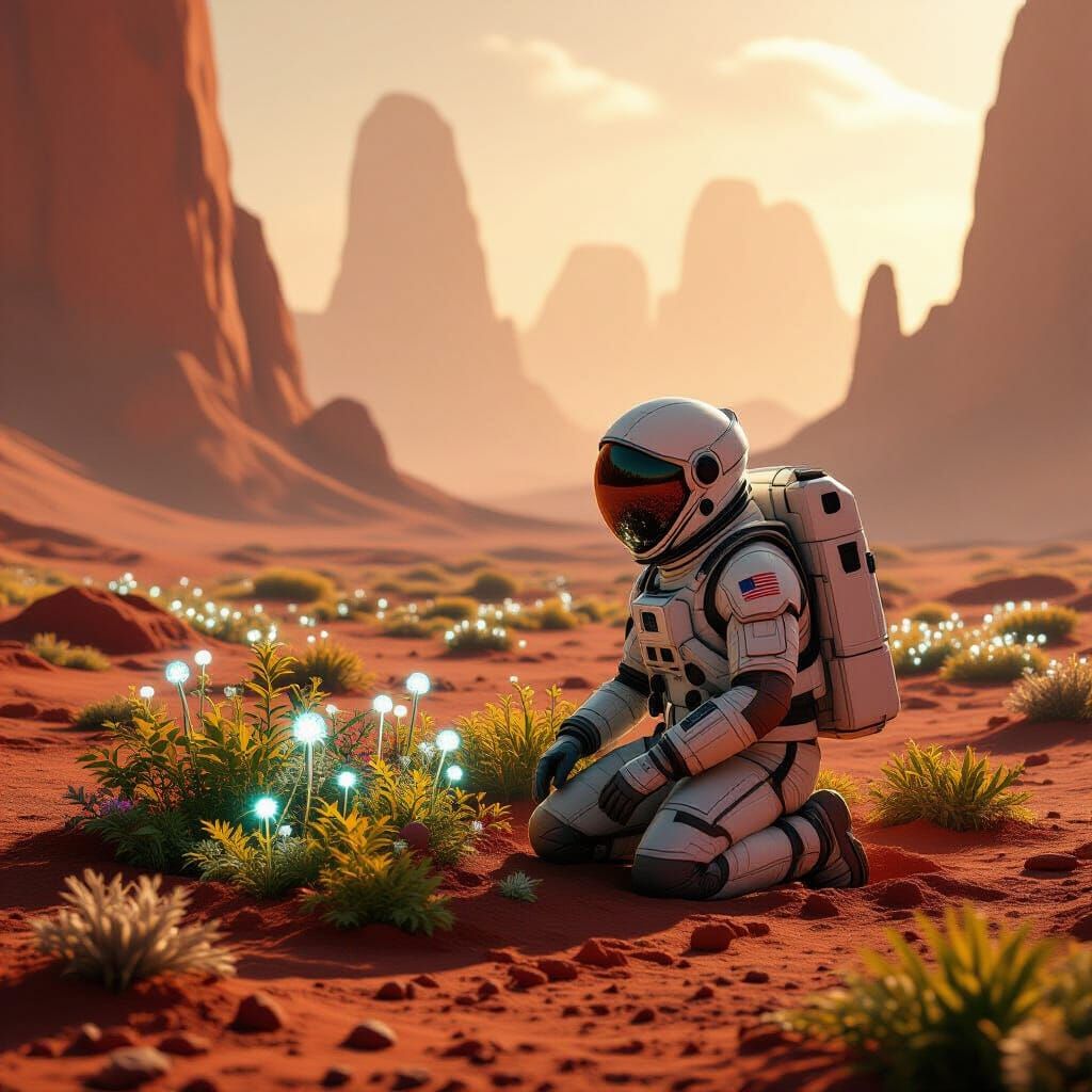 Astronaut Tends Glowing Garden on Alien Planet with Ruins