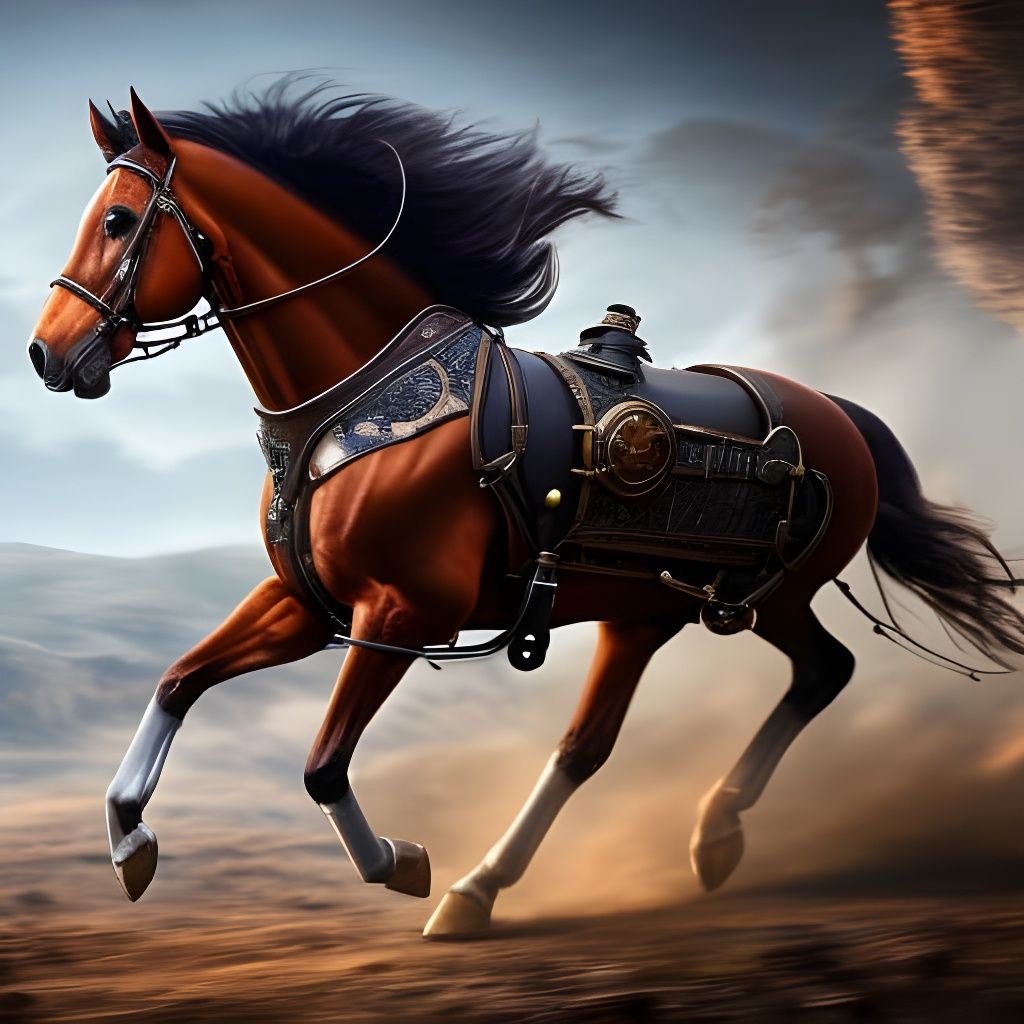 Detailed Steampunk Horse Galloping, Digital Art